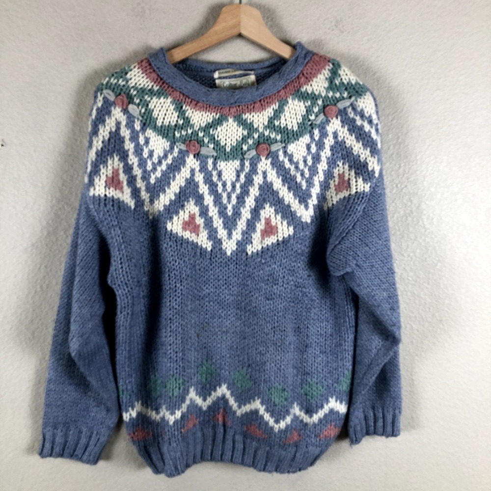 Vintage 1989 Colter Bay Sweater Floral Fair Isle Women M Hand Loomed Ramie Korea